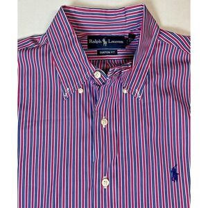 Ralph Lauren Custom Fit Red Blue Striped Button Down Shirt Men's Pony Logo